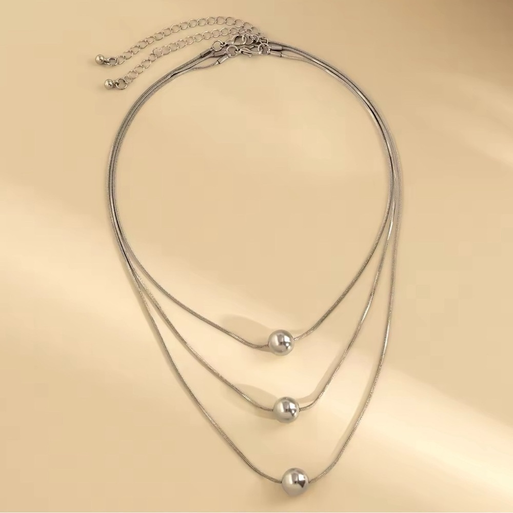 18K White Gold Plated Multiple Layered Chain With Beads Necklaces (2 Pcs) - Picture 5 of 6